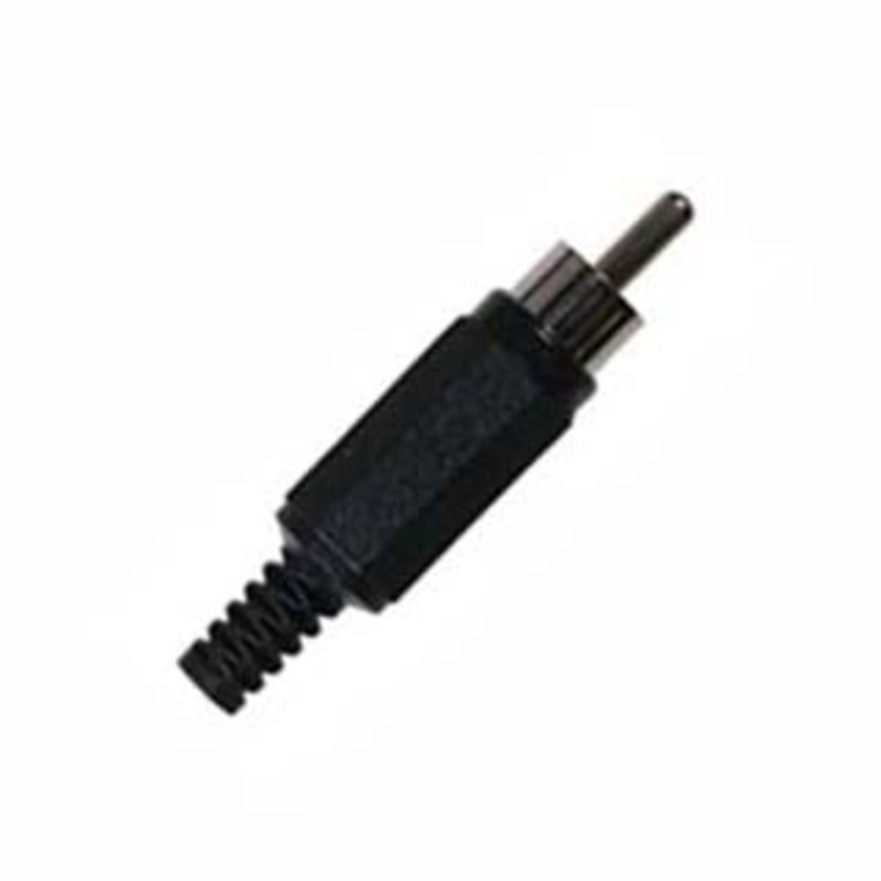 HY-1002-AG BK - RCA PLUG INLINE SOL PLAST BLK TIN STRAIN RELIEF (2 pcs/pkg)