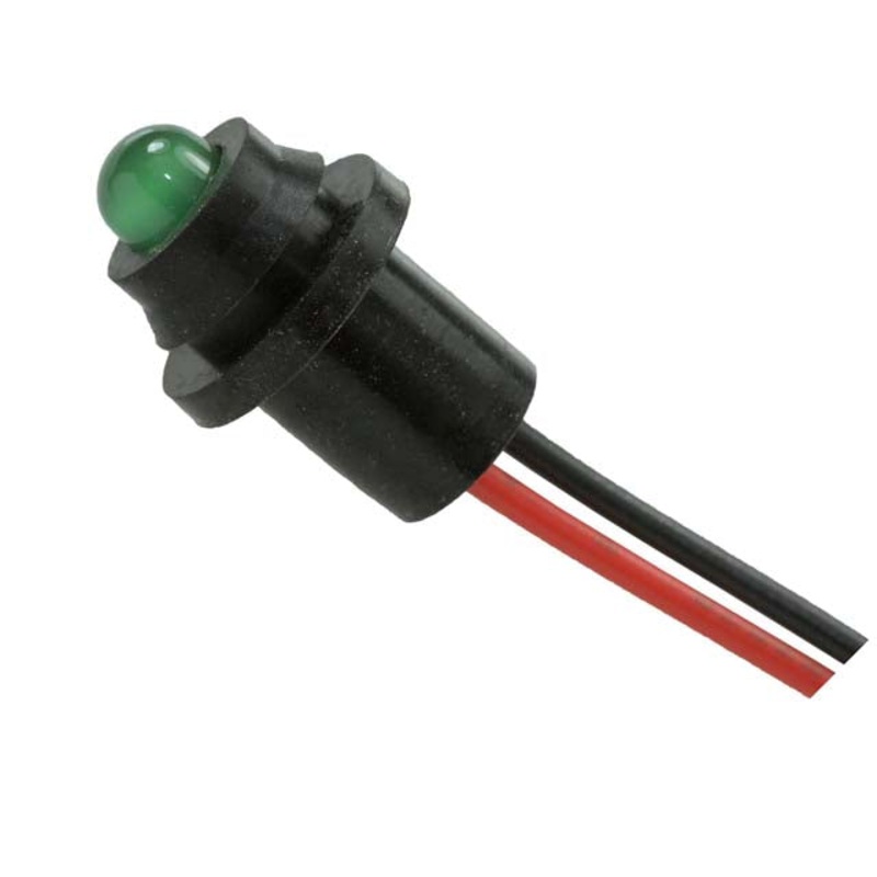 SSI-LXH9GD-150 - INDICATOR 2.2V LED 6.35MM GRN CHMT 30MCD 25MA WIRE
