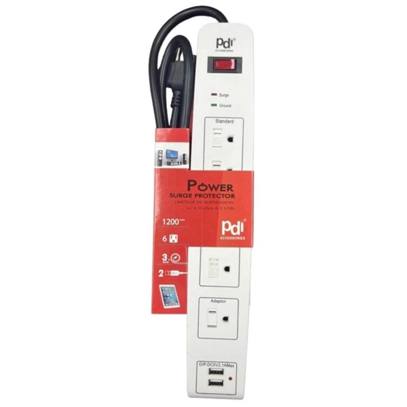 PDI-972 - POWER BAR 6 O/LET 3FT CORD 1200J SUGRE PROTECT WHT W/2USB 2.1A
