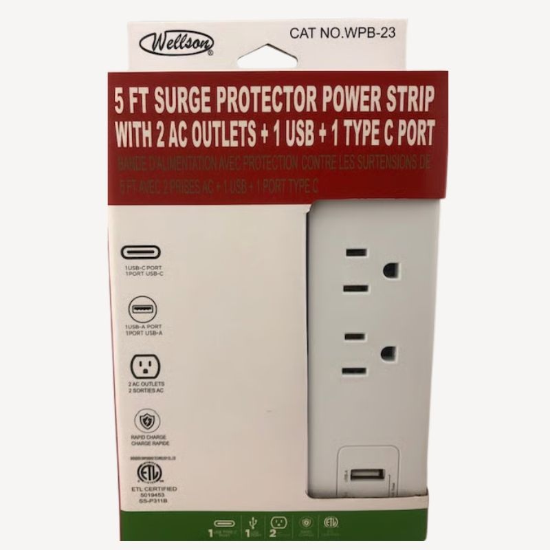 WPB-23 - POWER BAR 2 O/LET 5FT CORD 1XUSB A 1XUSB C 5V/2.4A COMBINED