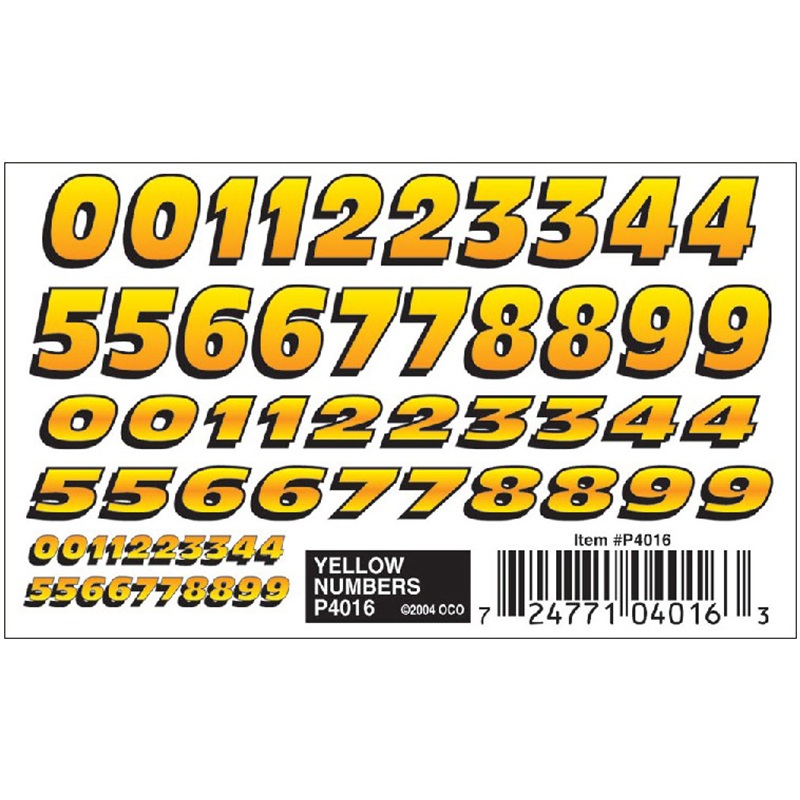 Pine Car Dry Transfer, Yellow Numbers