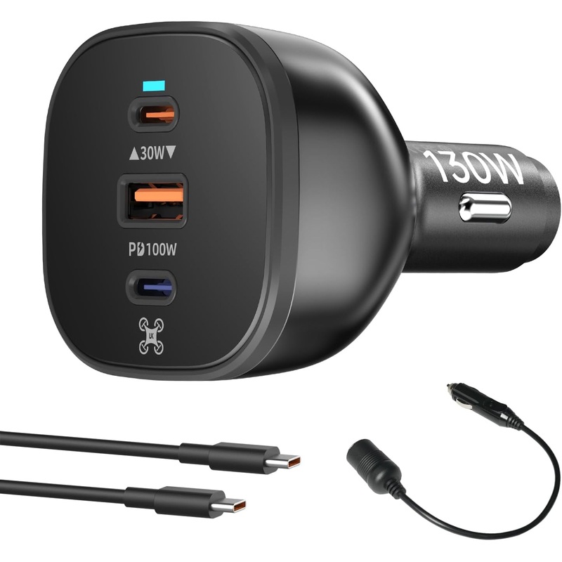 130W Drone Car Charger for DJI, 3-Port USB-C/USB-A Fast Charger, Battrey Power Adapter for DJI Mini/Air/Mavic 4 Pro/Mavic 3/Avata/Flip/Neo Series Drone, Charging Hub, Controller Accessories