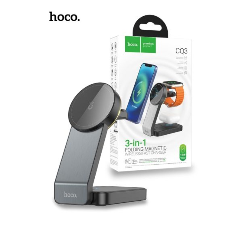 Hoco CQ3 15W Motorcycle Folding 3 in 1 Magnetic Fast Wireless Charger - Black