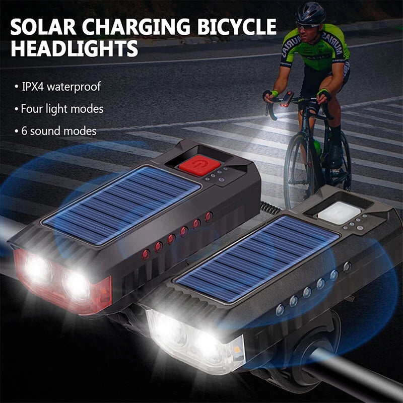 Solar Rechargeable Bike Headlight LED Super Brightness 4000mAh Battery Waterproof 4 Light Modes Warning Flashlight with 120dB Horn for Night Cycling white