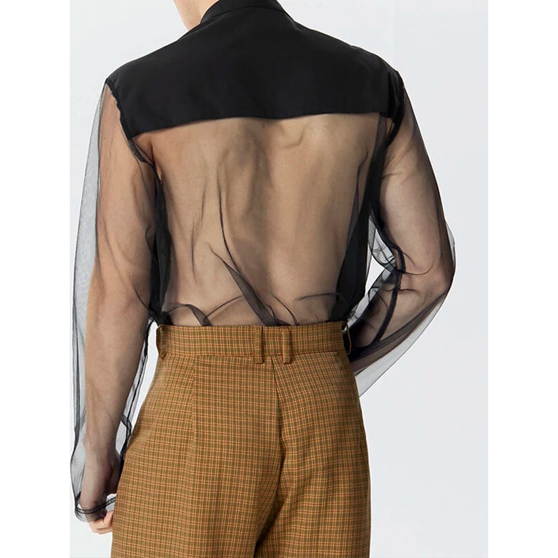 INCERUN Mens Shirt Fashion Swing Neck Patchwork Mesh Fabric Long Sleeve Shirts See Through Nightcklub Mens Clothing Black