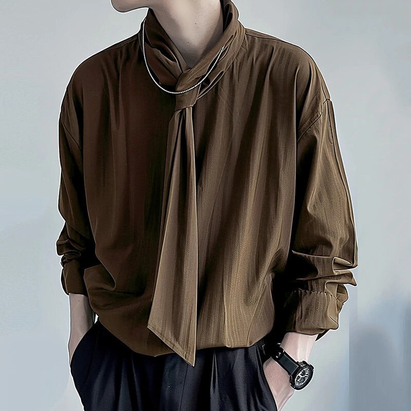 INCERUN Mens Solid Color Tie Design Long-Sleeve Shirt Fashion Casual Top Shirt for Male Black