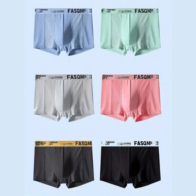 6pcs Men's Ice Silk Cool Soft Seamless Comfy Boxers Briefs Underwear, Mesh Breathable Comfy Stretchy Trunks, Men's Casual Plain Color Underwear #01