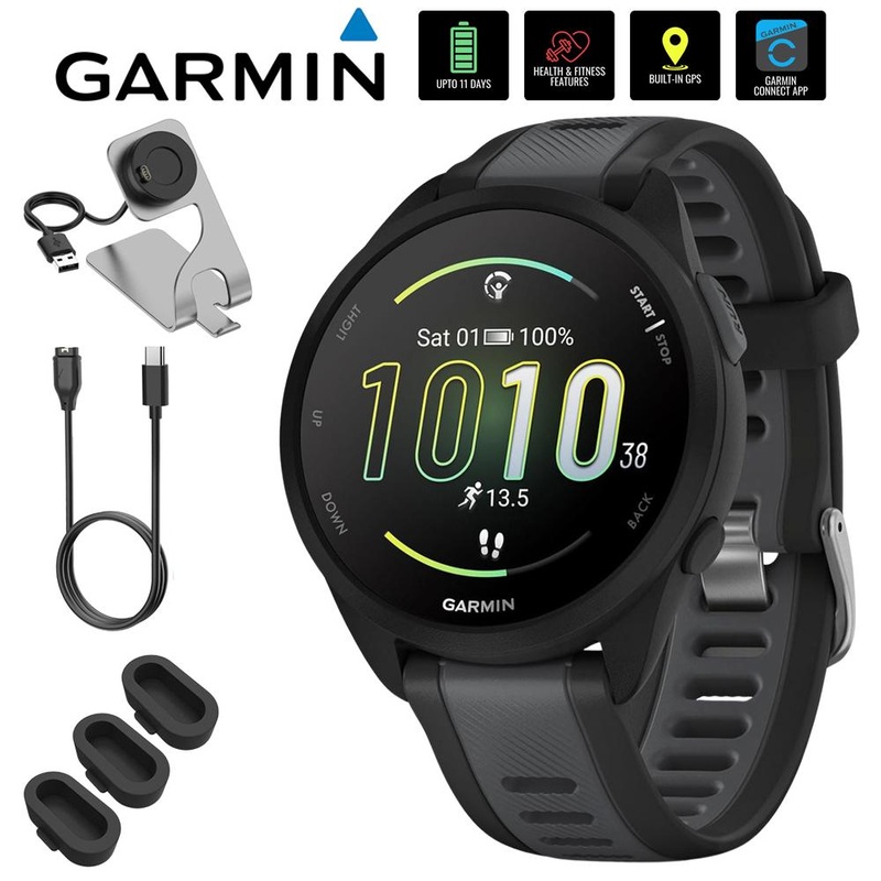 Garmin Forerunner 165 Smart Sport Watch, Black + Slate Gray w/ Accessories Bundle