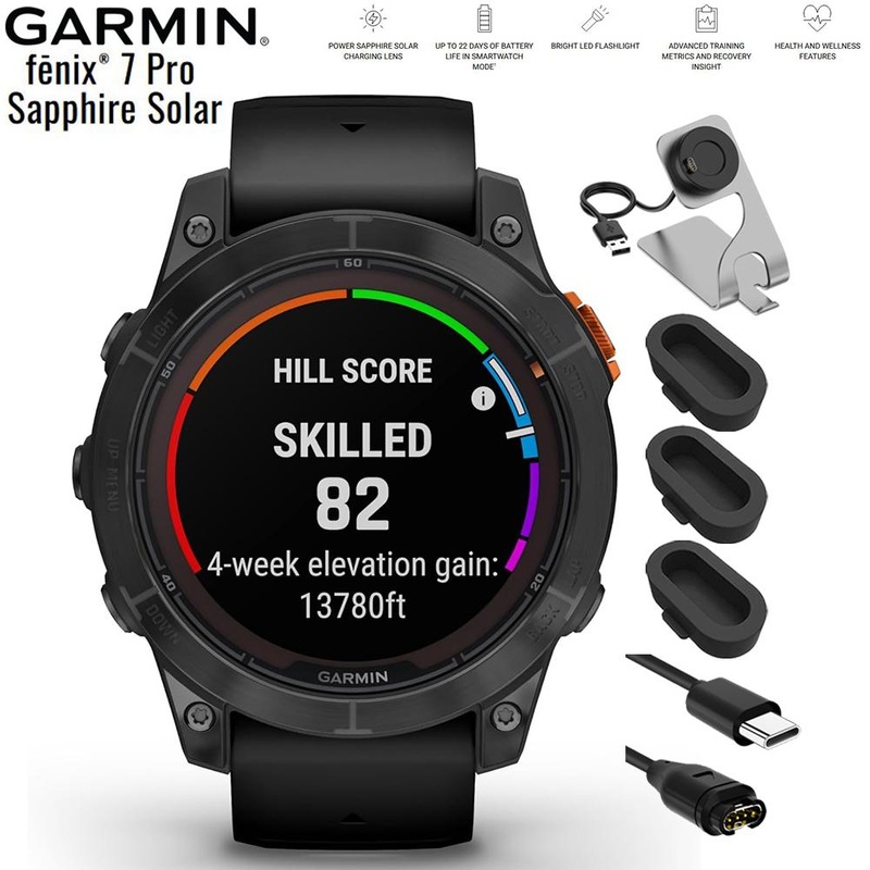 Garmin Fenix 7 Pro Solar, No Wi-Fi, Slate Gray, Black with Charging Dock Bundle