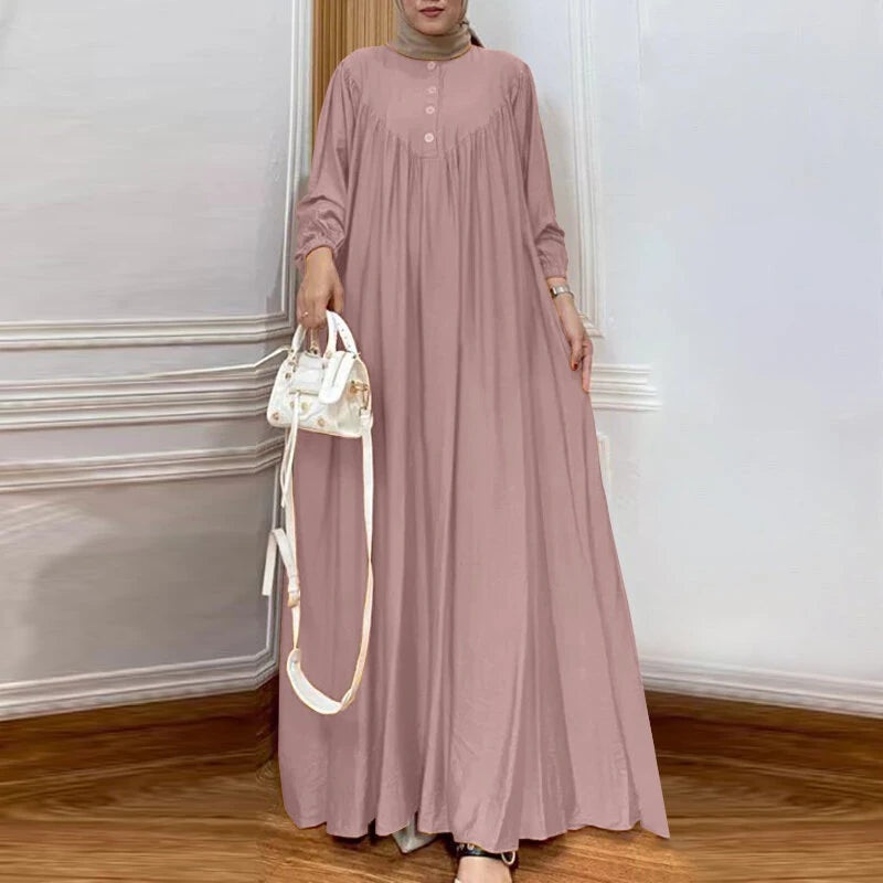 ZANZEA Women Abaya Casual Maxi A-Line Sundress Kaftans Lantern Sleeve O-Neck Plain Dress Yellow