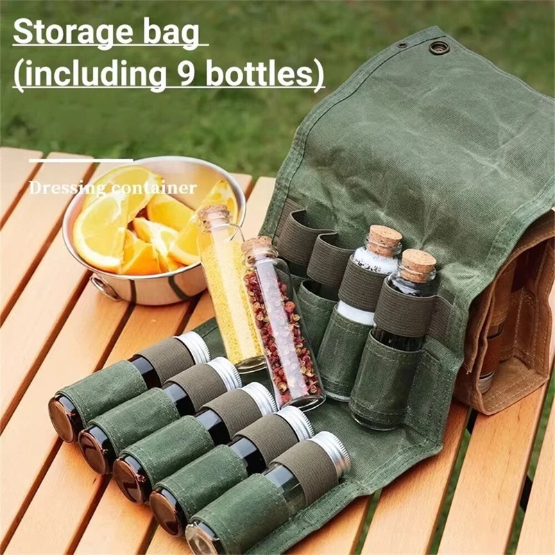 IPRee Reliable Outdoor Camping Spice Bottle Storage Bag Free with 9pcs Glass Spice Bottle Storage Bag BBQ Seasoning Bottle Canvas Bag Khaki