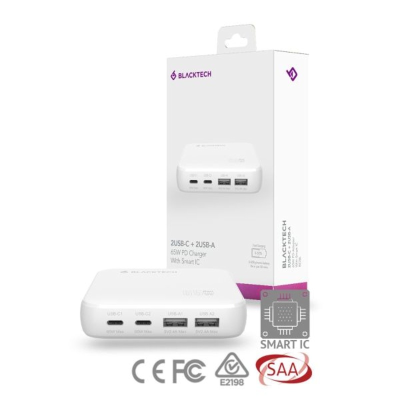 BLACKTECH BC06 Dual USB-C Dual USB-A 65W PD Adapter With Smart IC - White
