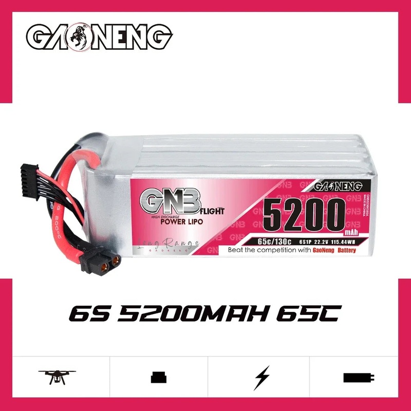 GAONENG GNB 6S 5200mAh LiPo Battery - 22.8V 65C for 10" FPV Drones & RC 1PC with XT90S Plug