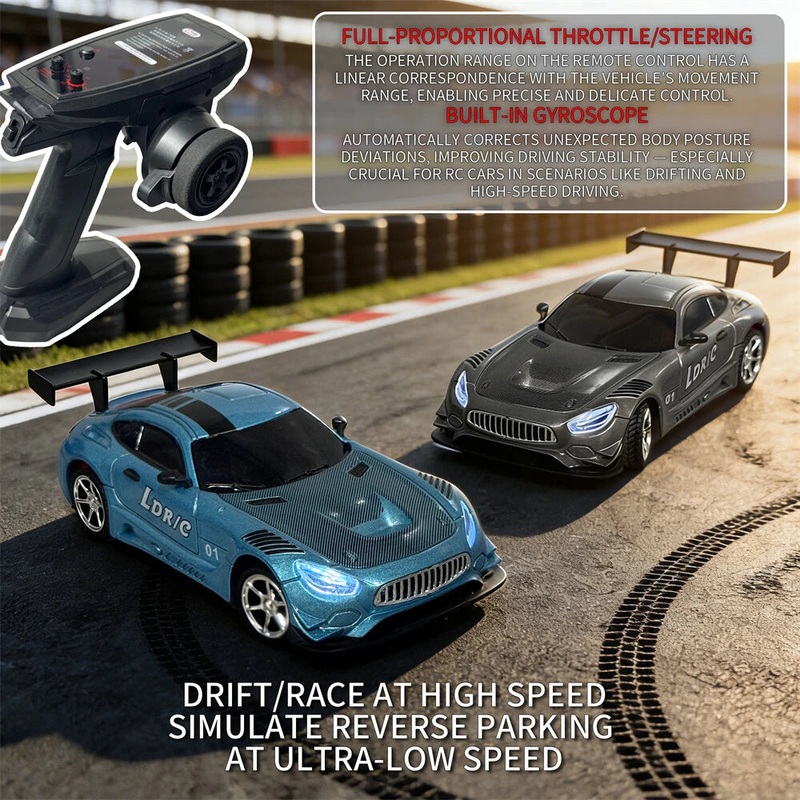LDRC 4301 RTR 1/43 2.4G 4WD AMG GTR Drift RC Car Built In Gyro Alloy Body Shell LED Light On-Road Full Proportional Desktop Remote Control Racing Vehicles Models Toys Blue