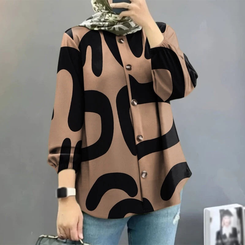 ZANZEA Ethnic Style Women Blouse Lantern Sleeve Geometric Pattern Shirt Fashion O-Neck Button Up Top Green