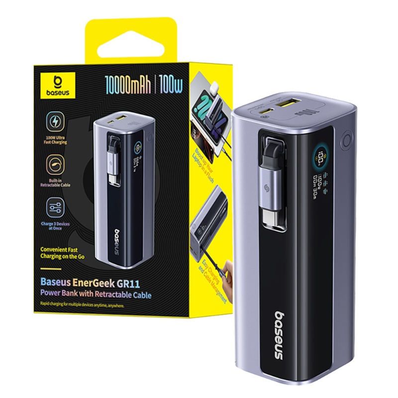 Baseus EnerGeek GR11 Power Bank With Retractable Cable 10000mAh 100W-Space Grey
