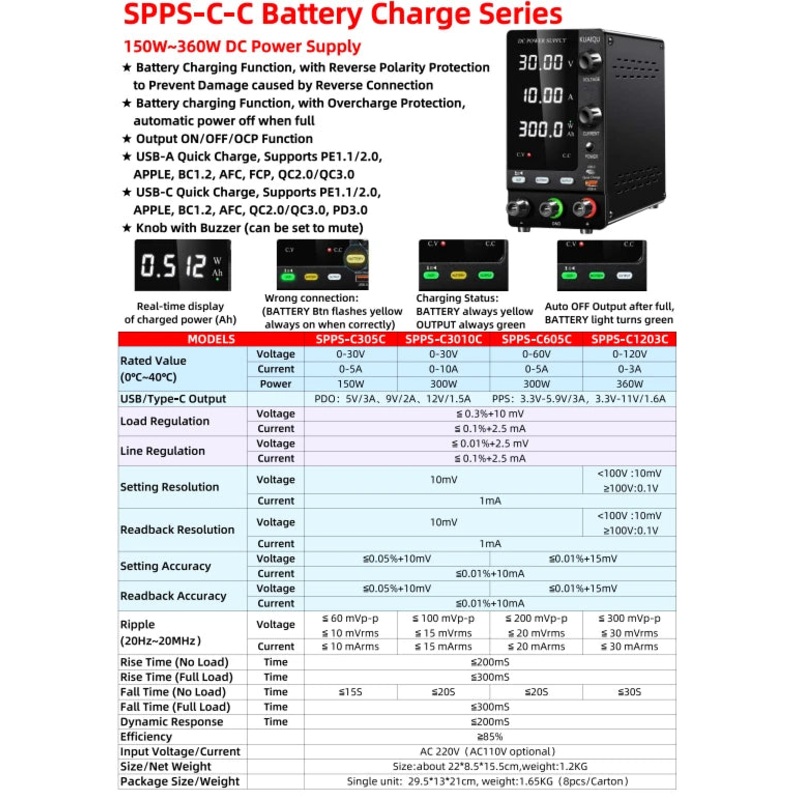 KUAIQU SPPS-C Series Programmable DC Power Supply Rechargeable Version 0-10A 150W 300W 360W 0-120V Adjustable Voltage Current LED Display Lab Testing Industrial Use EU Plug