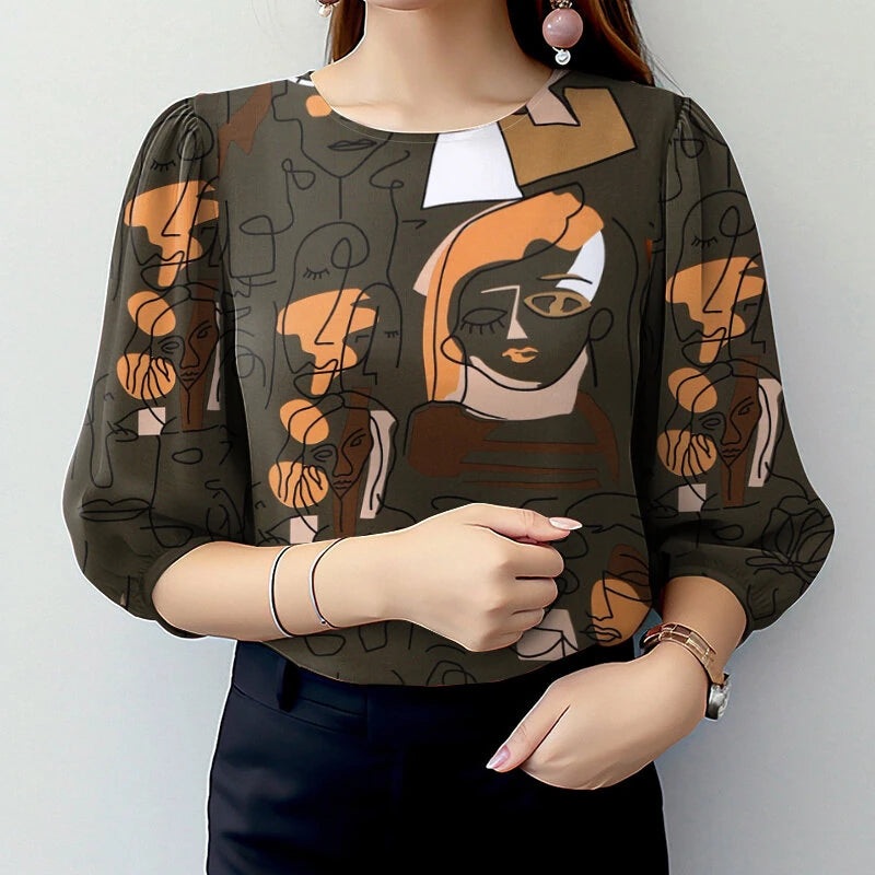 ZANZEA Women OL Work Elegant Blouses ShirtCrew Neck 3/4 Sleeve Printed Elegant Ladylike Tops Shirt Dark Green