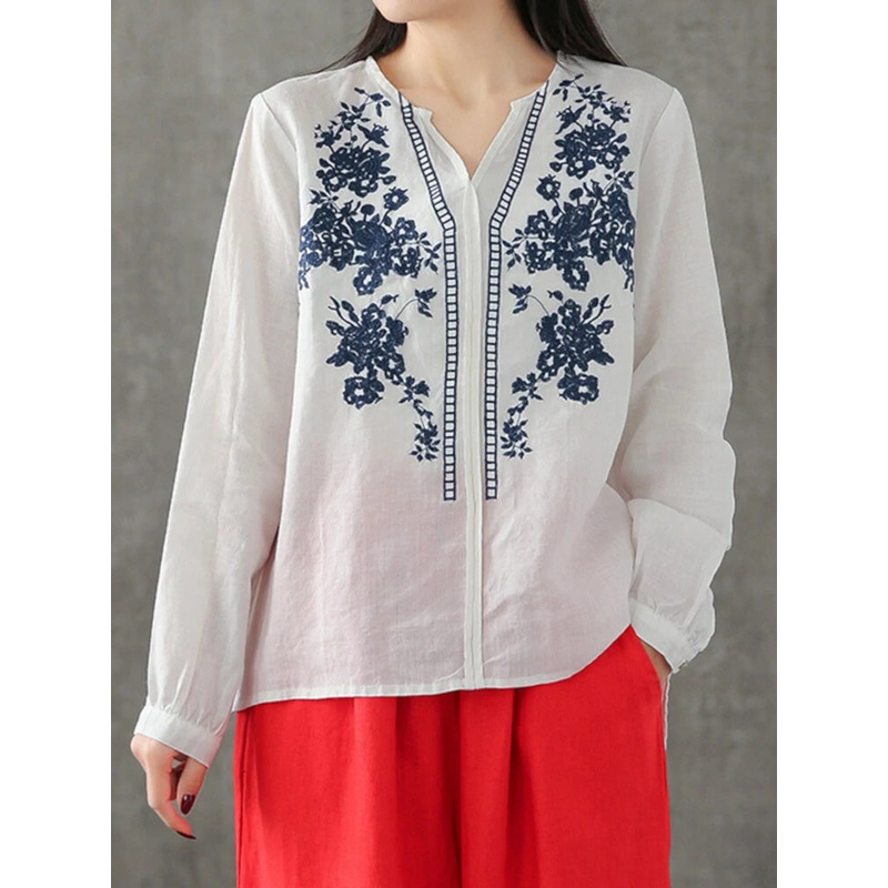 ZANZEA Plus Size Women Cotton Linen V-Neck Embroidery Patterns Casual Loose Blouse White