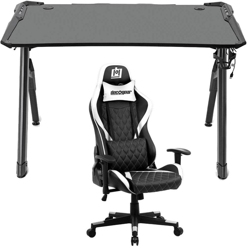 Deco Gear 47" LED Gaming Desk, Carbon Fiber Surface with Gaming Chair (White) Bundle