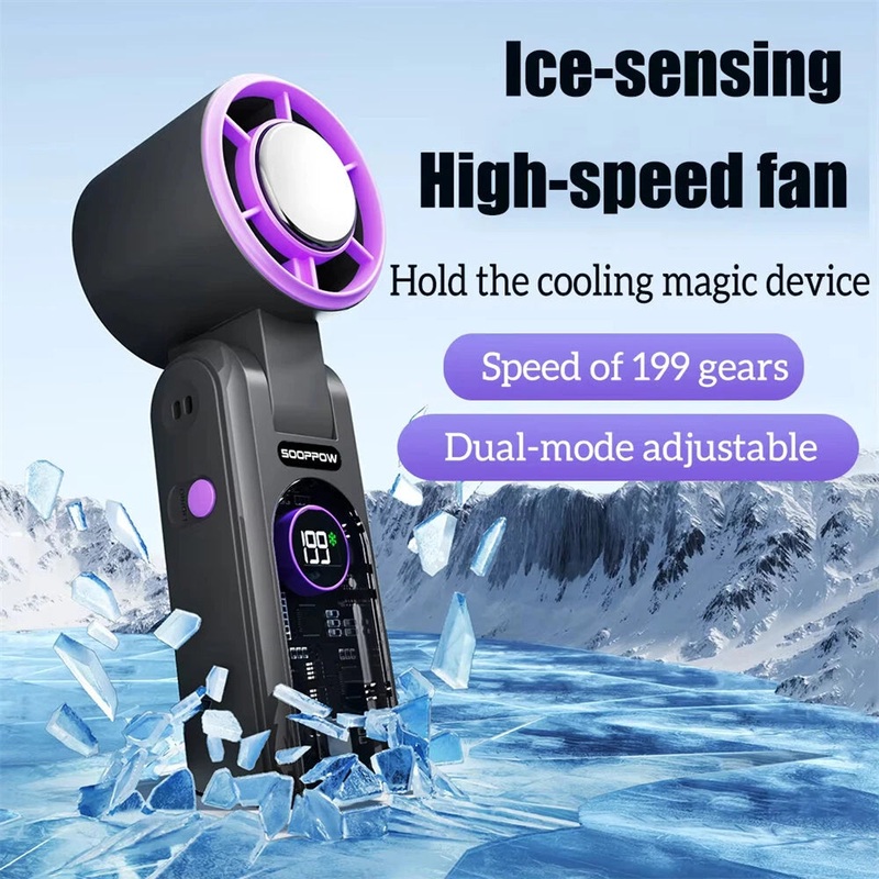 Tevorex Portable Ice Cooling Handheld Small Fan High-speed Rechargeable 3000mAh Battery 199 levels Wingspeed Adjustable LCD Digital Display for Outdoor or Indoor Grey
