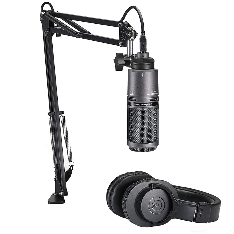 Audio-Technica AT2020USB+PK Cardioid Condenser USB Microphone w/ Boom Arm + Monitor Headphones