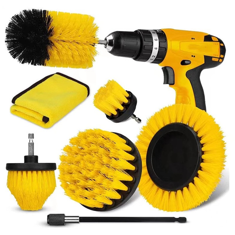 7PCS Set of Drill Brush Cleaning Set Multiple Sizes Nylon Bristles Attachments Extension Rod Compatible with All Most Electric Drill Multi Surface Cleaning Bathroom Kitchen Car Garden Blue