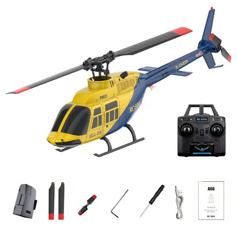 A60 BELL206 90-Class 2.4G 4CH Single Rotor Flybarless Mini RC Helicopter Model with Optical Flow Altitude Hold 1/42 Scale Yellow and Blue