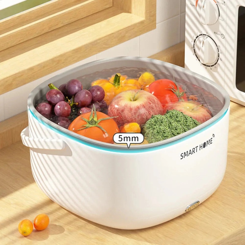 Ultrasonic Vegetable Washing Machine Fruit Dirt Cleaning Household Food Washer Pesticide Residue Washer Fruit Purifier Basket White