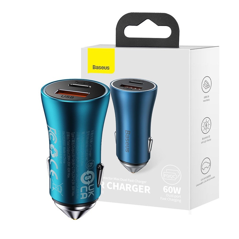 Baseus Golden Contactor Max Dual Fast Charger Car Charger U+C 60W Gray