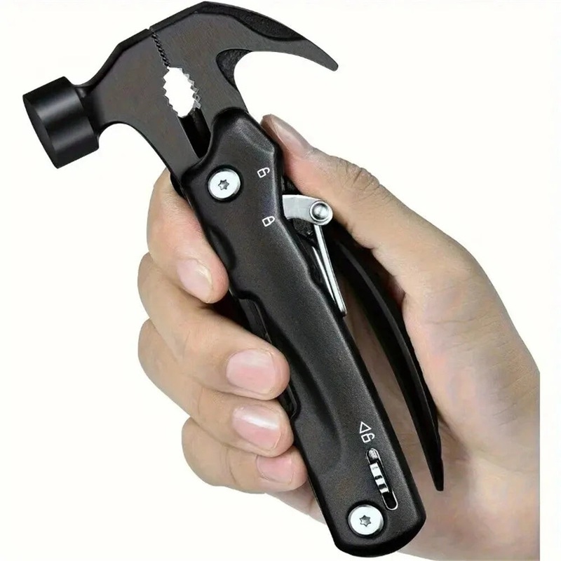 IPRee Multi-Functional Claw Hammer Sheep Horn Hammer, Convenient Camping Combination Small Tool, Stainless Steel Pliers for Outdoor and DIY Use Black