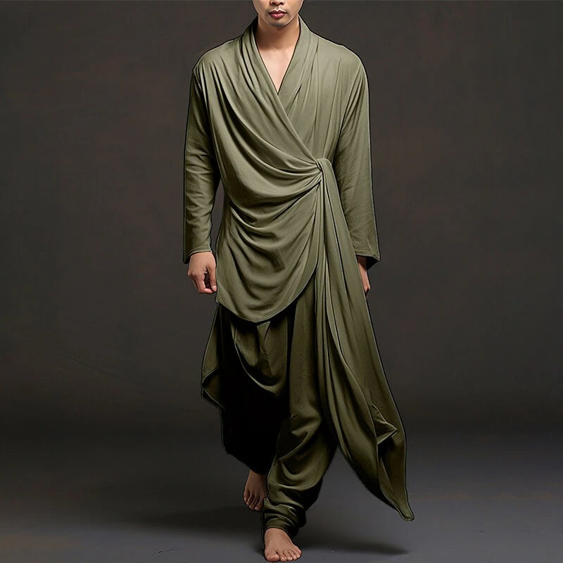 INCERUN Men Irregular Design Two-piece Set Comfortable Solid Color Fabric Long Sleeve Top and Pant with Side Pockets Casual Set for Men Plus Size, Spring Fall