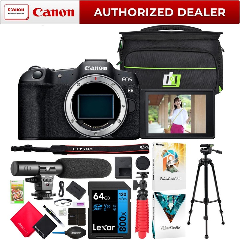 Canon EOS R8 Full Frame Mirrorless Camera Body + Microphone & Tripod Kit Deluxe Bundle