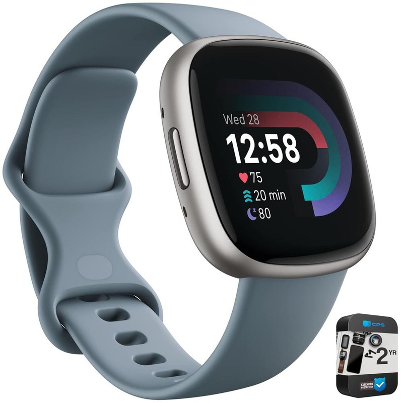 Fitbit Versa 4 Fitness Smartwatch w/GPS, Waterfall Blue/Platinum +2 YR Warranty Bundle