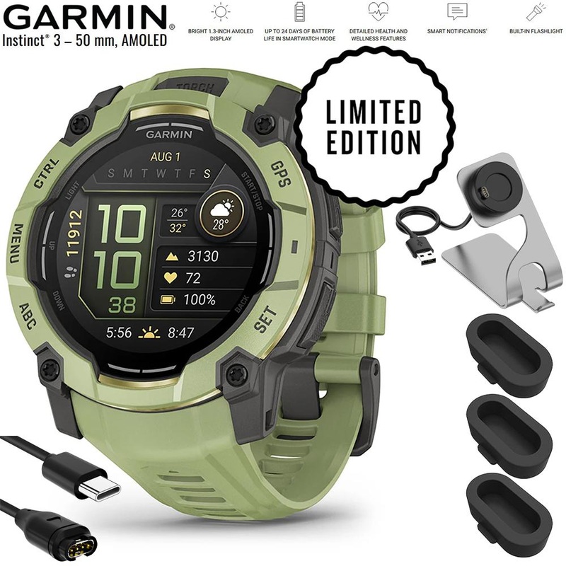 Garmin Instinct 3 50 mm GPS Smartwatch AMOLED Fern Green + Charging Dock Bundle