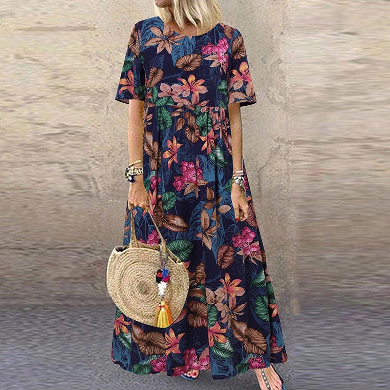 ZANZEA Womens Summer Short Sleeve Printed Swing Long Maxi Dress Holiday Beach Sundress Green