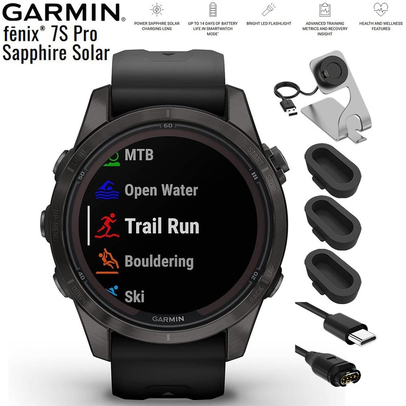 Garmin fenix 7S Pro Solar, Sapphire, Gray DLC Titanium, Black + Charging Bundle