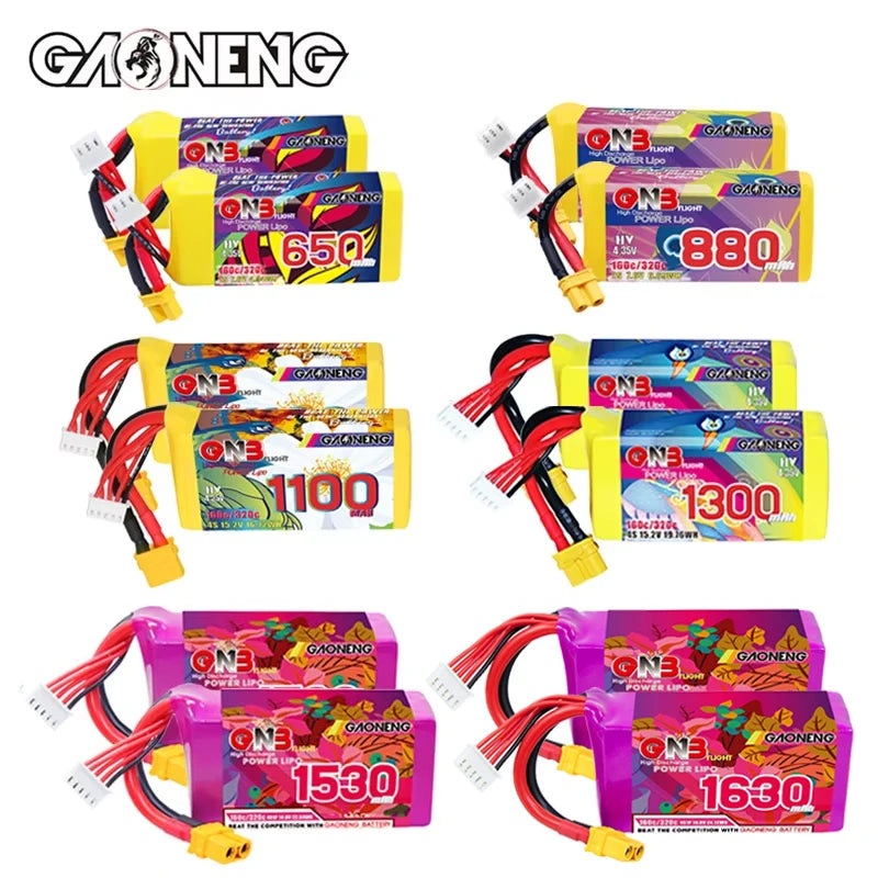 GNB 2S/3S/4S/6S/8S 160C LiPo Battery 2-Pack - 650/880/1100/1300/1400/1530/1630mAh XT60 FPV Racing Drone 2S 650mAh 160C XT30