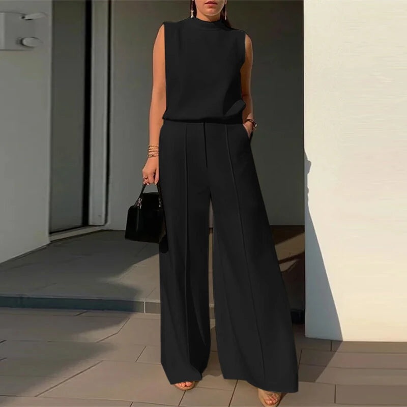 ZANZEA Women Vintage Casual Stand Neck Sleeveless Pleated Wide Leg Tops Trousers Khaki