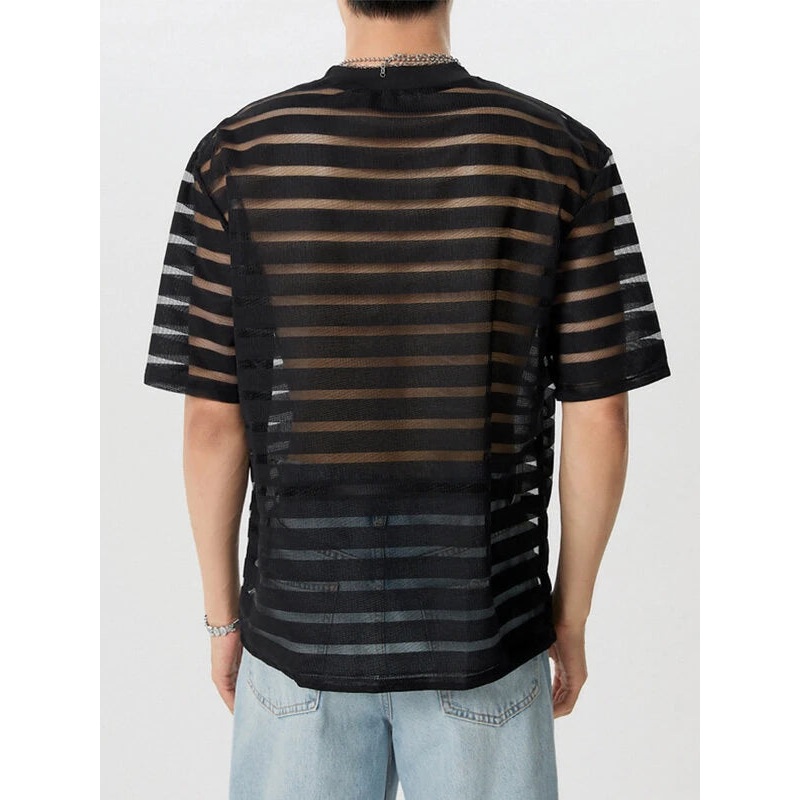 INCERUN Mens Shirt Fashion Striped Short Sleeve Men Tops See Through Party Nightclub Men Shirts S-5XL Black