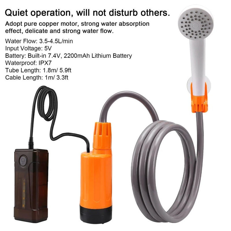 IPRee 3.5-4.5L/min Outdoor Camping Shower Portable Electric Shower Pump IPX7 with LED Light for Camping Backpacking Beach Pet Watering White+Orange