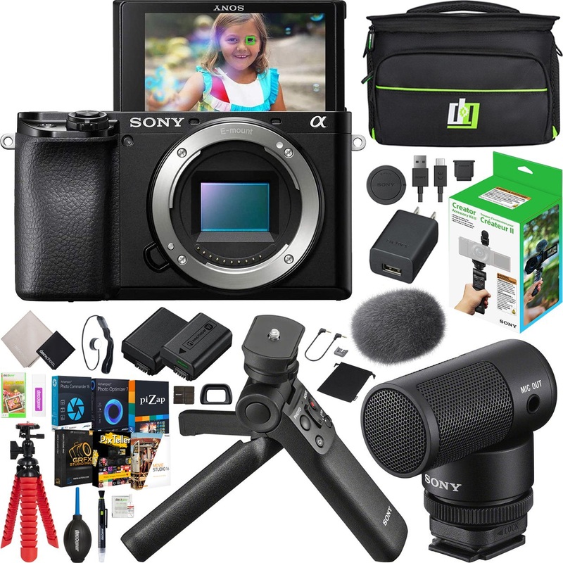 Sony a6100 Mirrorless 4K Camera Body Kit + ACCVC2 Vlogger Tripod & Mic Bundle
