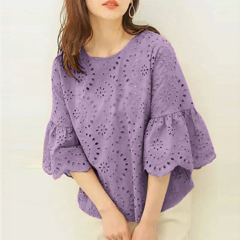 ZANZEA Women Korean Casual Shirt Daily Embroidery Hollow Ruffle Sleeve Blouses Yellow