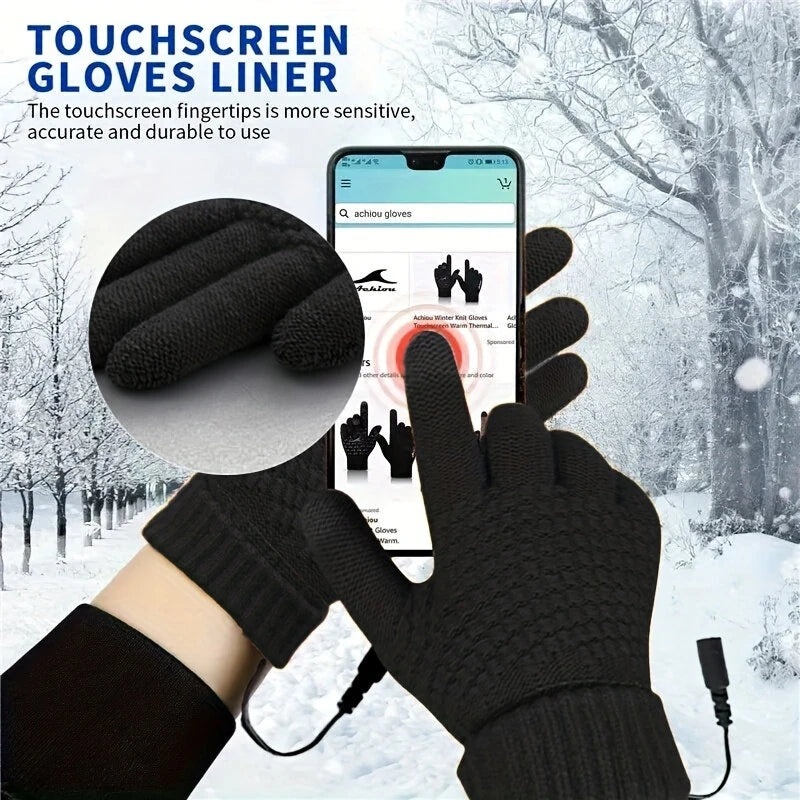 TENGOO Knitted USB Heated Gloves Touch Screen Compatible 40-50C Adjustable Warmth Removable Heating Pad Flexible Cable Thermal Winter Gloves Black