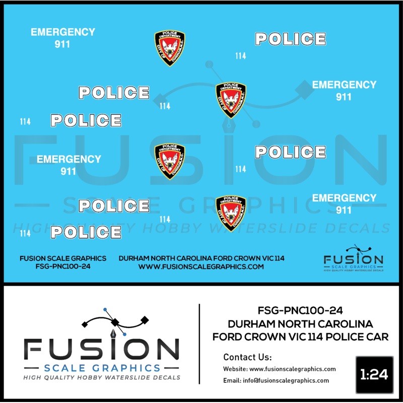 1/24th Scale Durham North Carolina Crown Vic 114 Police Car Decal Set