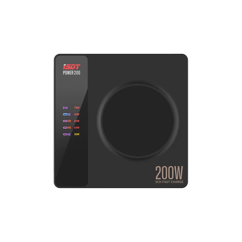 ISDT Power 200 Charger - 200W Smart Charger with 4 USB+1 Wireless Charger Ports 65W MAX Output LCD Display Multifunction Desktop Charger