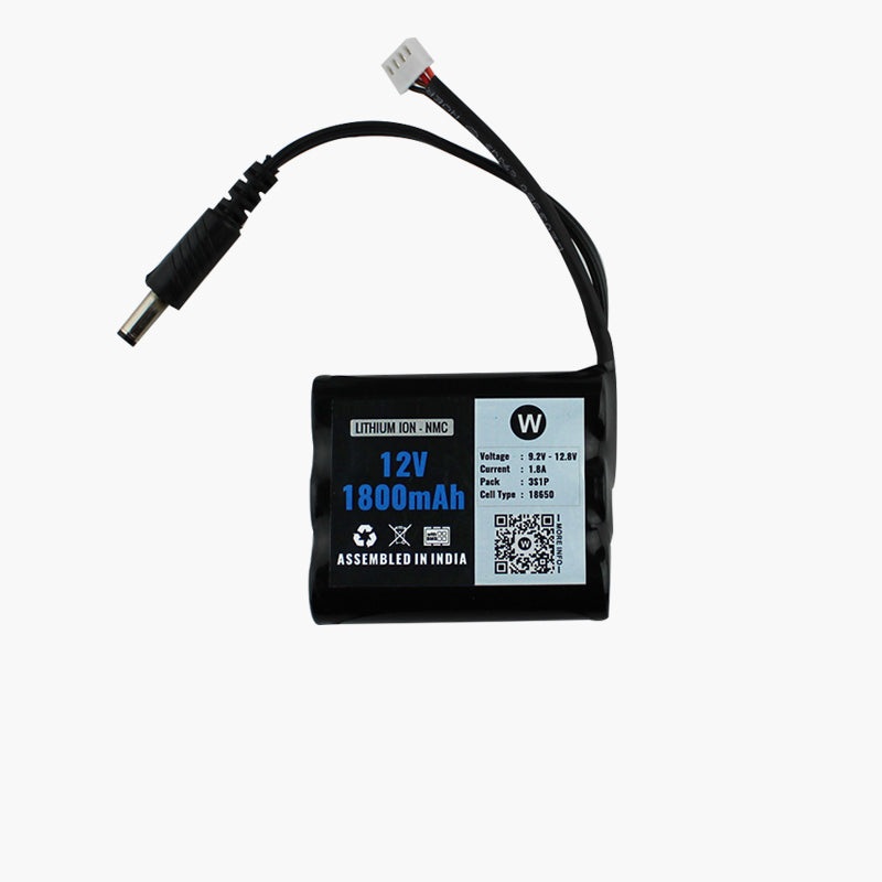 WATTNINE 12V 1800mAh Rechargeable Lithium Battery Pack with Warranty (includes BMS & balance pin) for GPS, CCTV, Industrial and Commercial Application