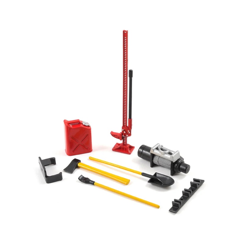 Yeah Racing YEA-YA-0356RD 6-Piece Scale Tool Set (Red) w/Axe, Shovel, Oil Tank, Jack, Winch