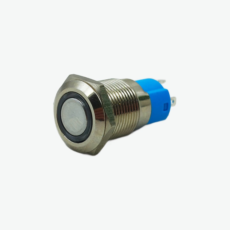 Flat Head 12MM 12V-24V Latching Metal Push Button Switch - White (4-Pin IP67 Waterproof Ring LED Illumination)
