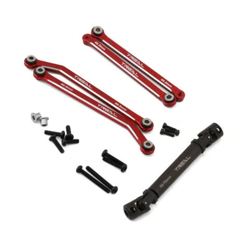 Treal Hobby FCX24 Aluminum Extended Rear Suspension Link Set (+12mm) w/Steel Driveshaft Red